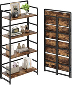 THKKY No Assembly Folding Bookshelf, 4 Tiers Collapsible Book Shelf for Home Office, Vintage Wood Foldable Bookcase Storage Organizer for Living Room Bedroom (Rustic Brown)