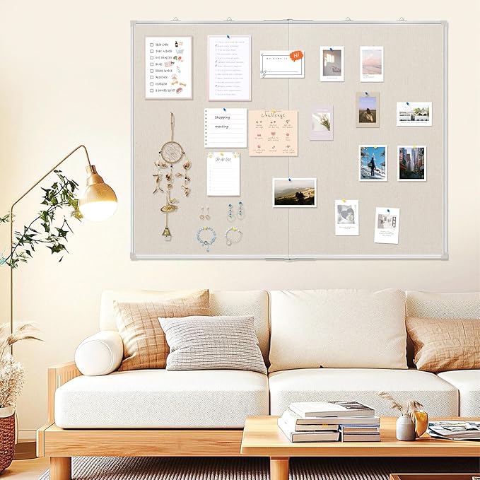AMUSIGHT Double-Sided Large Cork Board with Linen, 60" x 40" Foldable Hanging Aluminum Framed Bulletin Board, Vision Board Pin Board Corkboards for Walls, Office, School Decor, 20 Pushpins