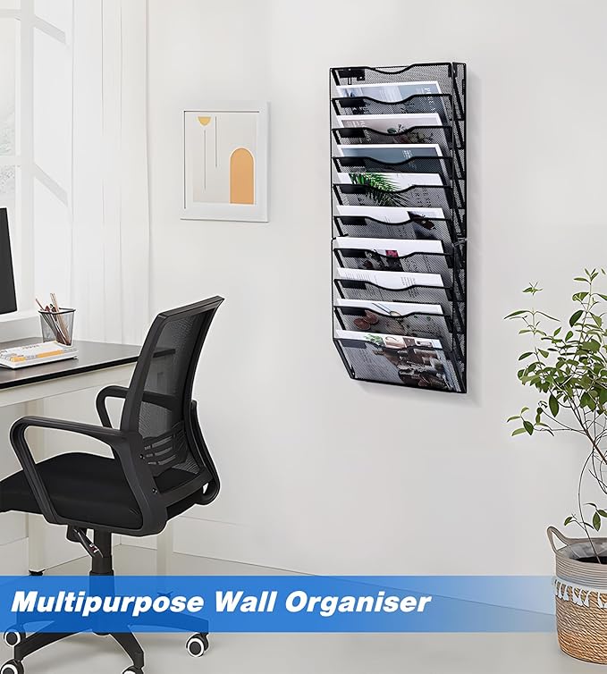 Solinxe Wall File Holder, 10 Pockets Hanging File Folder, Paper Organizer Storage, Document Rack, Mail Holder, Magazine Rack, Wall Organizer for Office, Black