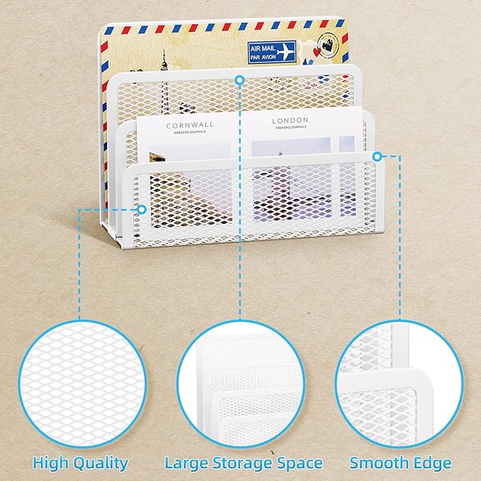 Marbrasse Mail Organizer for Desk, 3-Slot Mesh Metal Mail Holder countertop, Letter Holder, Office Desktop Envelope and Document Storage Rack (White)