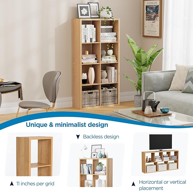 Jpiziso 8 Cube Storage Organizer, Cube Shelf with Heavy-Duty Thick Boards, 25.12" L x 9.37" W x 48.74" H, Smooth Easy-Clean Panels, Simple Assembly, for Living Room Bedroom Office, Natural-Oak