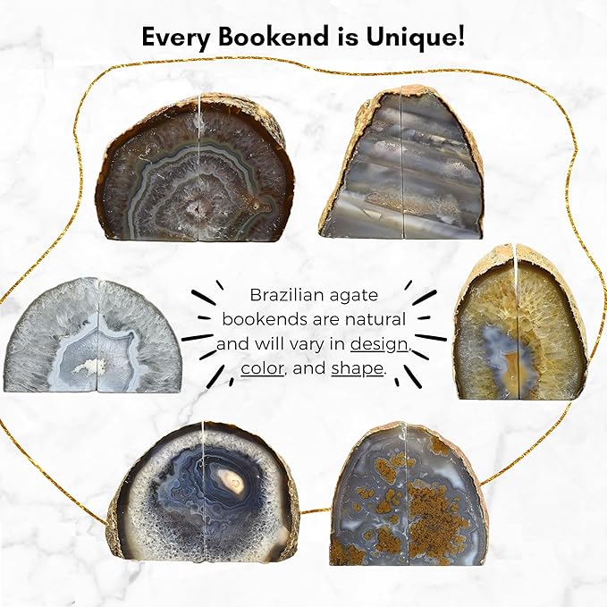 Nature's Decorations Agate Bookends - A Quality Natural Geode with Non-Skid Rubber Bumpers for Shelves, Office, Home Decor - Heavy Duty Cool Crystal Stone (4-6 LB)