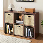 IRONMIX Metal 6 Cube Storage Organizer with Shelves, Modern Short Bookshelf with Storage, 2 Tier Horizontal Bookshelf Cube Shelf, Small TV Stand with Cabinet for Home Office Library(Dark Wooden, 1037)