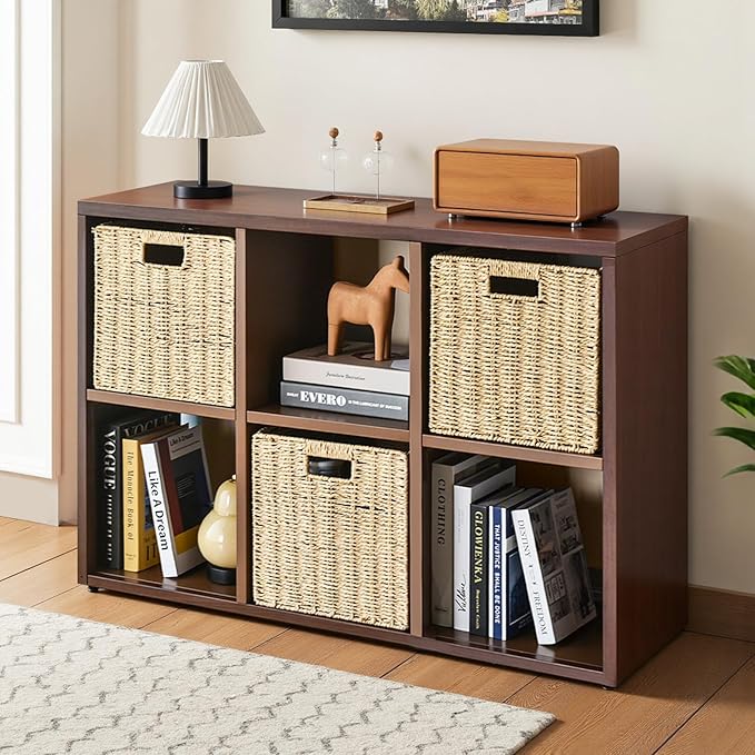 IRONMIX Metal 6 Cube Storage Organizer with Shelves, Modern Short Bookshelf with Storage, 2 Tier Horizontal Bookshelf Cube Shelf, Small TV Stand with Cabinet for Home Office Library(Dark Wooden, 1037)