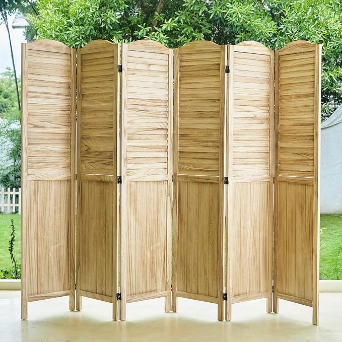 Room Partitions and Dividers, 68.9 Inch Temporary Wall with Double Hinges, Wooden Louver & MDF Stable Screens for Home Office Bedroom Coffeehouse Decoration (6 Panels, Wood Color)