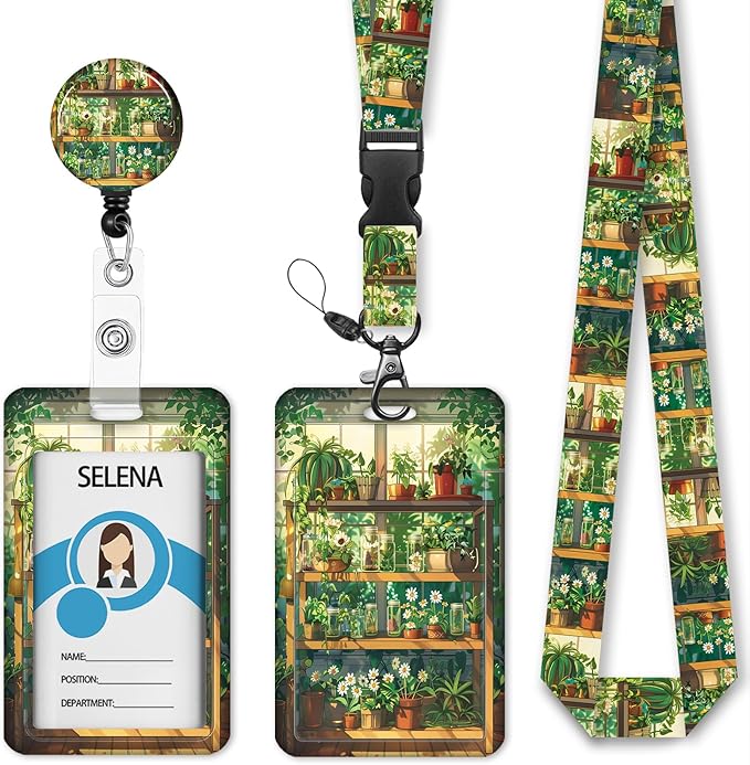 Green Bookshelf Lanyards for ID Badges, Badge Holder with Lanyard Detachable, Badge Reel Retractable Keychain Clip, Cruise Ship Cards Holder Protector Name Tags, Teacher Nurse Office Women Gifts