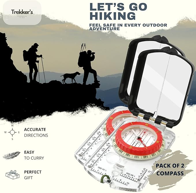 Trekker's Compass Crew Professional Military Lensatic Compass with Mirror, High-Precision Dial, Built-in Magnifier, Luminous Display for Hiking, Camping, Orienteering