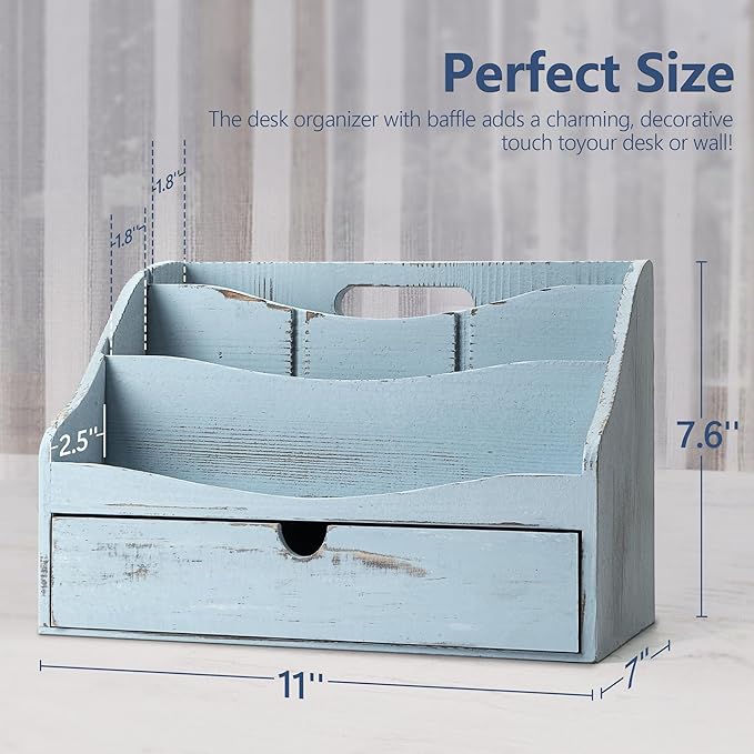 Rebee Vision Pine Wooden Mail Organizer for Desk - Rustic Farmhouse Mail Holder for Desk Organization with Drawer & Dividers - 4-Slot Letter Sorter, File Storage & Home Office Decor (Blue)
