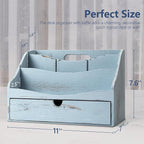 Rebee Vision Pine Wooden Mail Organizer for Desk - Rustic Farmhouse Mail Holder for Desk Organization with Drawer & Dividers - 4-Slot Letter Sorter, File Storage & Home Office Decor (Blue)