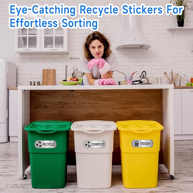 3PCS Recycle Stickers for Trash Bins, Self-Adhesive Waterproof Brushed Silver Trash Compost and Recycling Stickers for Trash Can, Kitchen, Office, Garbage Bin Indoor, Outdoor Use