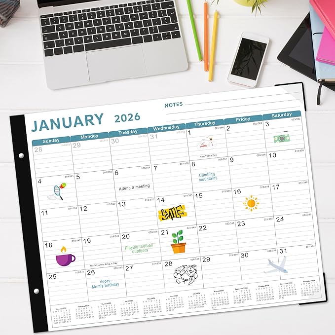 Desk Calendar 2026, KOPEESY 22" x 17" Large Desk Calendar, From January 2026 to June 2027, Desktop Calendar with Notes and Thick Paper for Home, Office and School (Blue)