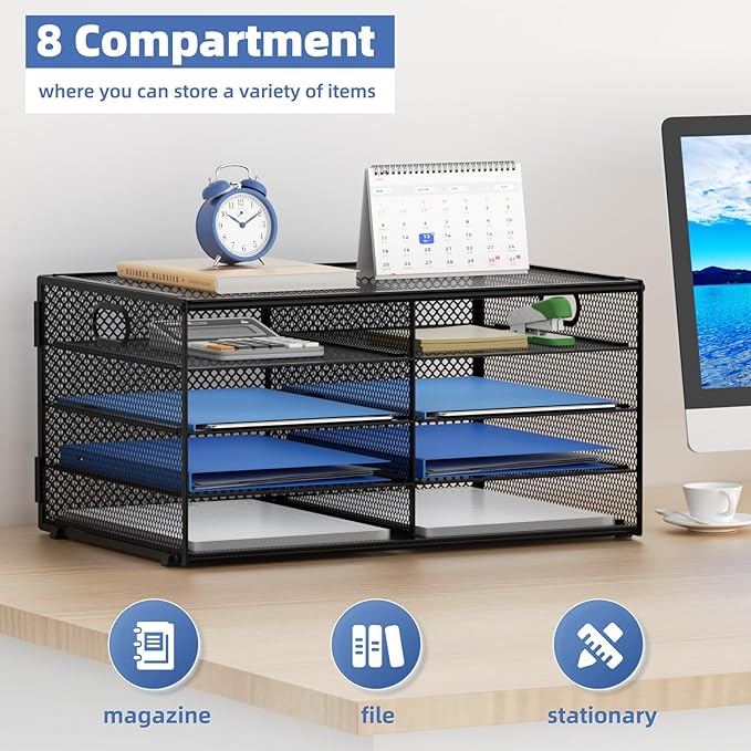 Lavatino 8 Compartments Paper Organizer for Desk, Mesh Literature Organizer, Mail File Sorter Tray with Handle, Desktop Mailbox for Office Classroom Home, Black