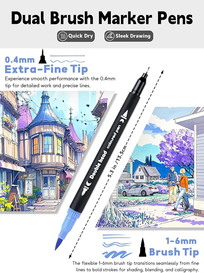 AEDAGA 60 Colors Dual Tip Brush Pens, Fine Felt Tip and Brush Tips Colored Pens for Adults, Coloring Markers for Coloring Book Bullet Journaling Note Taking Hand Lettering
