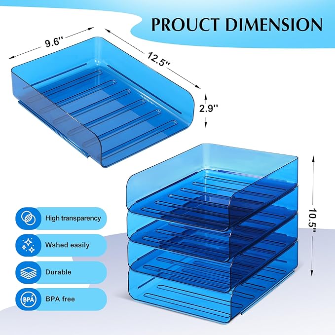 CiWiVOKi 4 Pack Stackable Paper Tray Organizer File Organizer for Desk, Office Organizer and Storage for Desk Accessories, Notes, Books, File Paper, Document, Blue