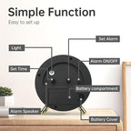 Analog Alarm Clock, 4 inch Super Silent Non Ticking Small Clock with Night Light, Battery Operated, Simple Design, easy setting for Office, Bedroom, Bedside, Desk, teens, elders, kids, adult, Black