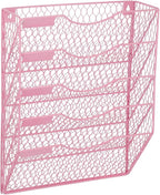 EASEPRES Mail Organizer Wall Mount Hanging File Holder Storage, Metal Chicken Wire Magazine Rack 5 Tier, Pink