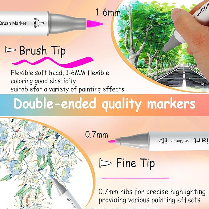 Caliart Alcohol Markers Brush Tip - 121 Colors Dual Tip Artists Coloring Markers Set Brush & Fine, with Case Permanent Alcohol Based Colored Sketch Pens, Art Supplies Gifts for Adults Drawing