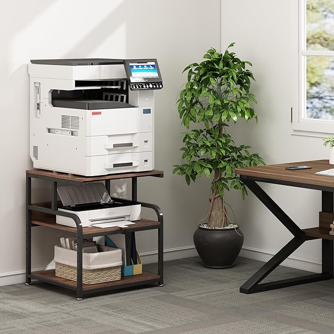 Fannova 23.6" Deep Extra Large Printer Stand, 3 Tier Printer Table with Adjustable Storage Shelf, Rolling Printer Cart with Industrial Wheels for Home Office, Rustic Brown
