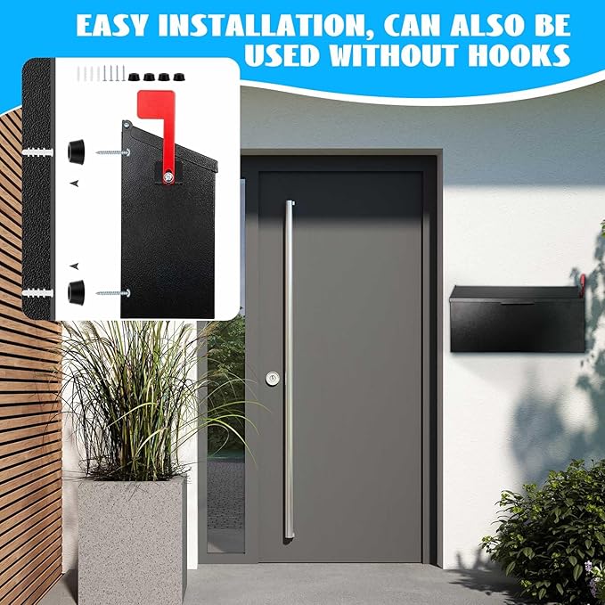 Yaocom Small Cast Wall Mount Mailbox for Outside Metal Mailbox with Newspaper Hooks Heavy Duty Rustproof Wall Mounted Mailbox Galvanized Steel Post Box Large Capacity 16” x 8.25” x 4.25” (Black)