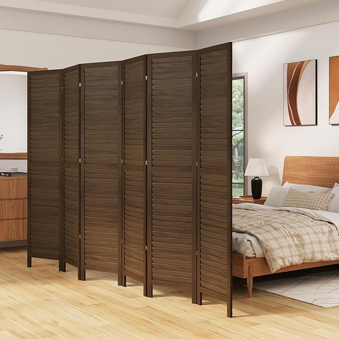 Room Partitions and Dividers, Temporary Wall with Double Hinges, 5.6 Ft Tall Folding Louver Wood Screen for Home Office Bedroom Hotel Decoration (6 Panels, Brown)