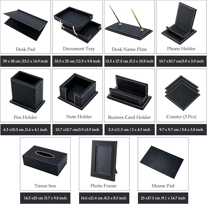 RitPin Desk Set, 11-Piece All-in-One – Executive Desk Accessories & Office Supplies, Leather Desk Organizer with Desk Pad & Blotter, 2-Tier Letter Tray, Luxury Office Desk Decor & Boss Gifts (Black)