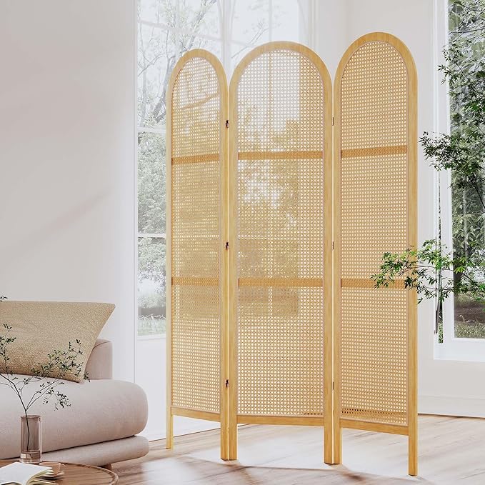 Svimi Room Dividers and Folding Privacy Screens, Pine Wood 5.6 Ft Double Hinged Rattan Partition Freestanding Wall Room Divider for Home - 3 Panels (Natural)