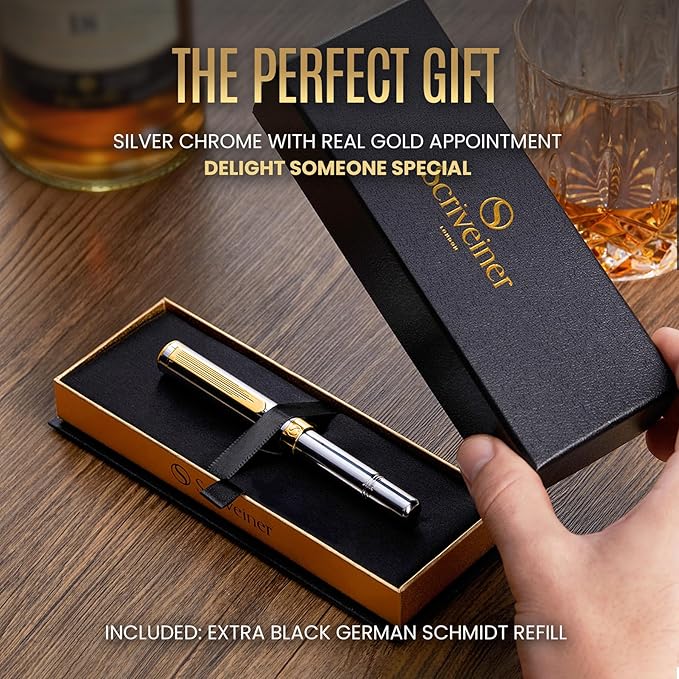 Scriveiner Silver Chrome Fountain Pen (Fine), Award Winning, Heavy Pocket Stunning Luxury Pen, Real Gold Plating and Genuine Schmidt Nib, Includes Converter, Fancy EDC Writing Gift Set for Men & Women