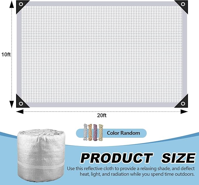 Mindsoft 99% Aluminet Shade Cloth Reflective Tarp 10 x 20 ft Aluminum Cloth Porch Privacy Screen with Grommets Durable Mesh Canopy for Car Garden Patio Pergola Sun Shade Cover(2 Set)