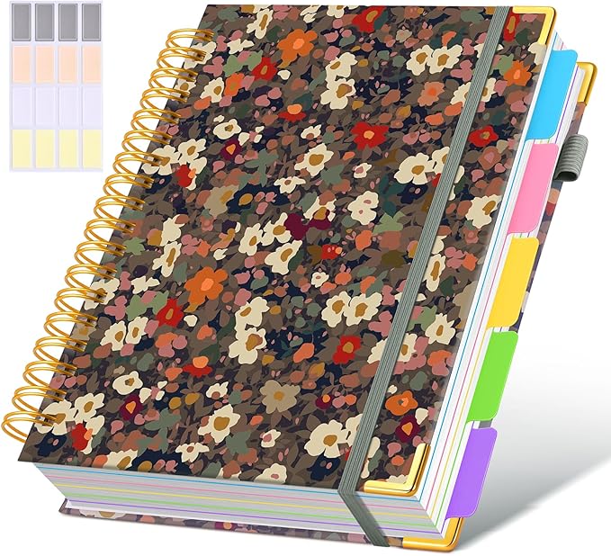 Hardcover Spiral Notebook Journal with Removable Dividers Tabs, 300 Pages Leather 5 Subject Notebook College Ruled, 8"x10" Large B5 Notebooks for Work School Note taking, Journal for Women, Flower