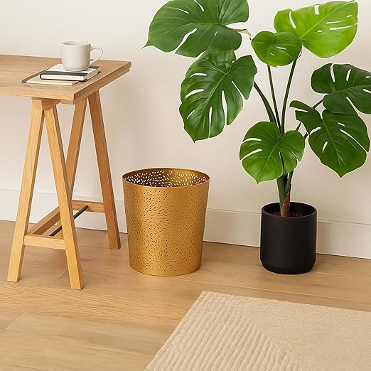 TUP THE URBAN PORT 10" Decorative Iron Wastebasket Trash Can | Matte Gold | Leaf Etched Design