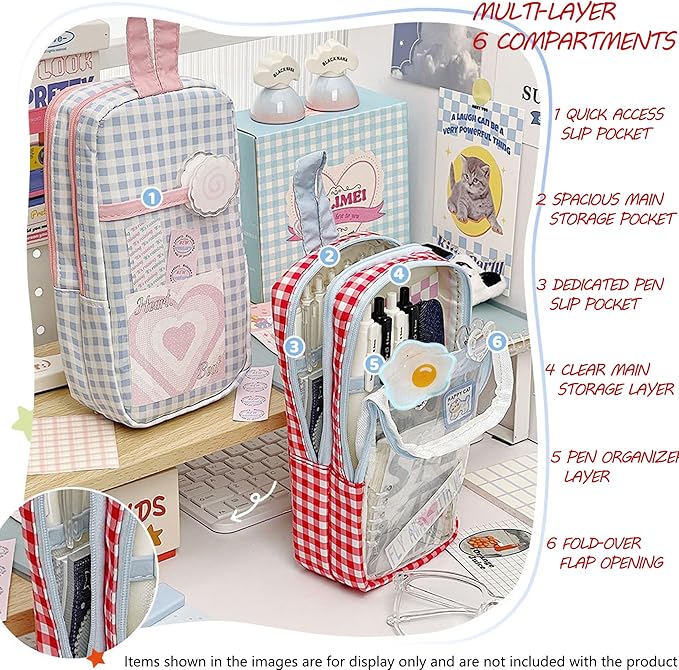 UINSUE Cute Pen case Adorable Bunny Transparent 3-Layer Large Capacity Pencil Case Gadget organizer with Lovely Stickers (Pink Polka Dot)