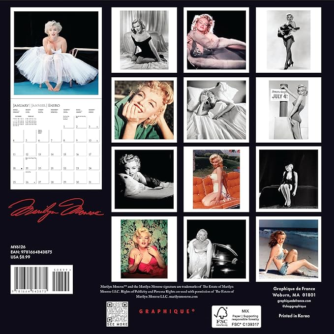 Graphique 2026 Marilyn Monroe Mini Wall Calendar | 7” x 7” | Thick Paper | Home & Office Organizer | Large Monthly Grid | 3 Languages & Marked Holidays | 4 Month Preview Page for 2027