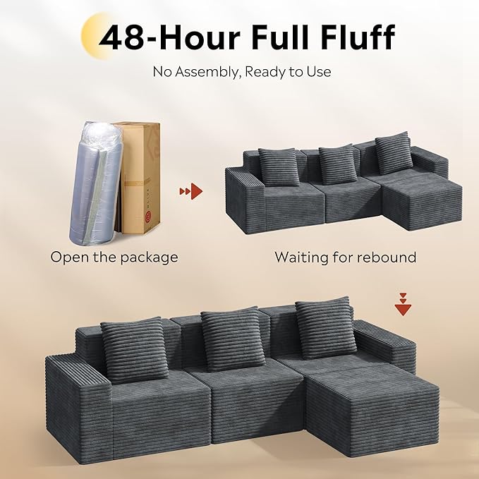WLIVE 110'' Boneless Couch for Living Room, Modular Sectional Sofa, Cloud Memory Foam Couch L Shape with Chaise, Grey