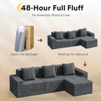 WLIVE 110'' Boneless Couch for Living Room, Modular Sectional Sofa, Cloud Memory Foam Couch L Shape with Chaise, Grey