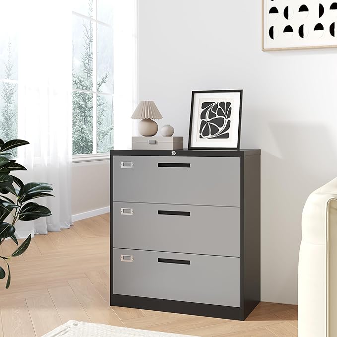 Fesbos 3 Drawer Lateral File Cabinet with Lock, Metal Steel Filling Cabinets for Home Office, Gray Lockable Storage Cabinet for Hanging Files Letter/Legal/F4/A4 Size-Assembly Required