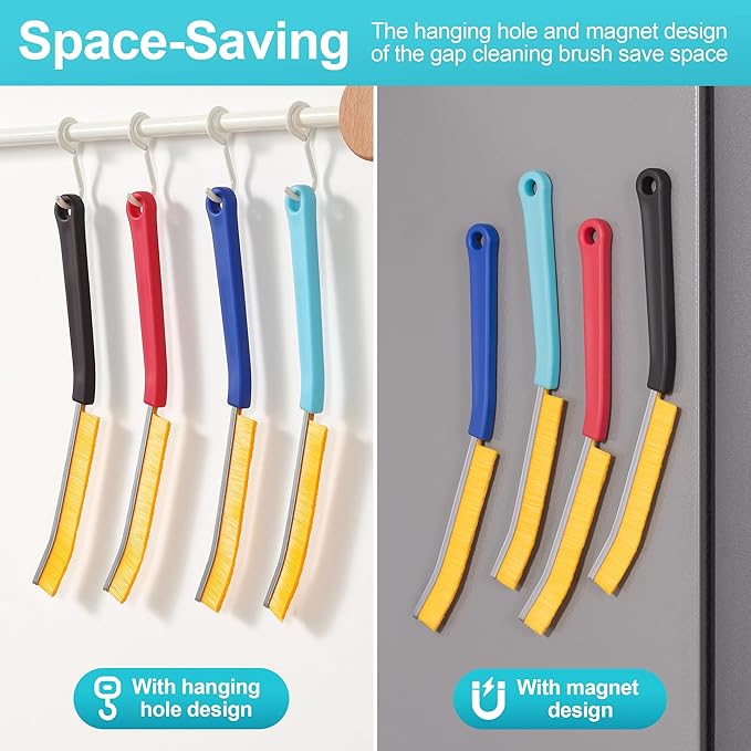 JOYMOOP 4 Pack Crevice Cleaning Brush, Hard Bristle Grout Brush, House Cleaning Supplies, Magnetic Gap Cleaning Brush for Kitchen, Bathroom, Window, Toilet, Multifunctional Cleaning Tools-4 Colors
