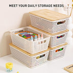 Anywish Storage Bins with Lids 8 Packs, Plastic Storage Bins with Bamboo Lids for Pantry Organization and Storage Containers for Shelves Drawers Desktop Closet Playroom Classroom Office Home, White