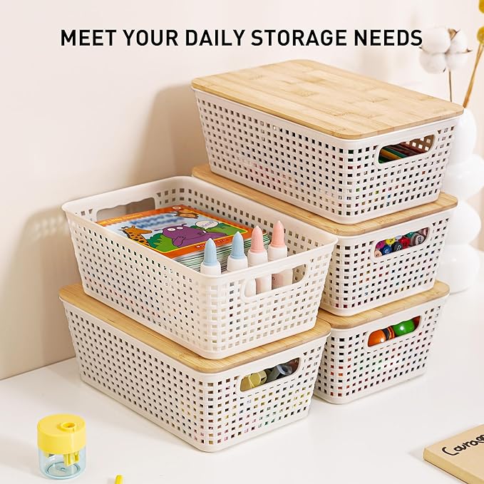 Anywish Small Storage Bins with Lids 6 Packs, Plastic Storage Basket with Bamboo Lid for Pantry Organization and Storage Containers for Shelves Drawers Desktop Closet Playroom Office Home, White