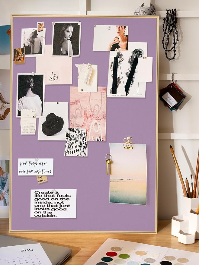 Lightomorrow Bulletin Board 30 x 20 inches, Mystic Violet Pin Board, Golden Aluminum Framed Fabric Cork Board with 10 Push Pins