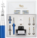 Wordsworth & Black Fountain Pen Gift Set, Includes Bottle, 6 Cartridges, Refill Converter, 4 Replacement Nibs, Premium Package, Journaling, Calligraphy, Smooth Writing Pens [Blue Chrome]