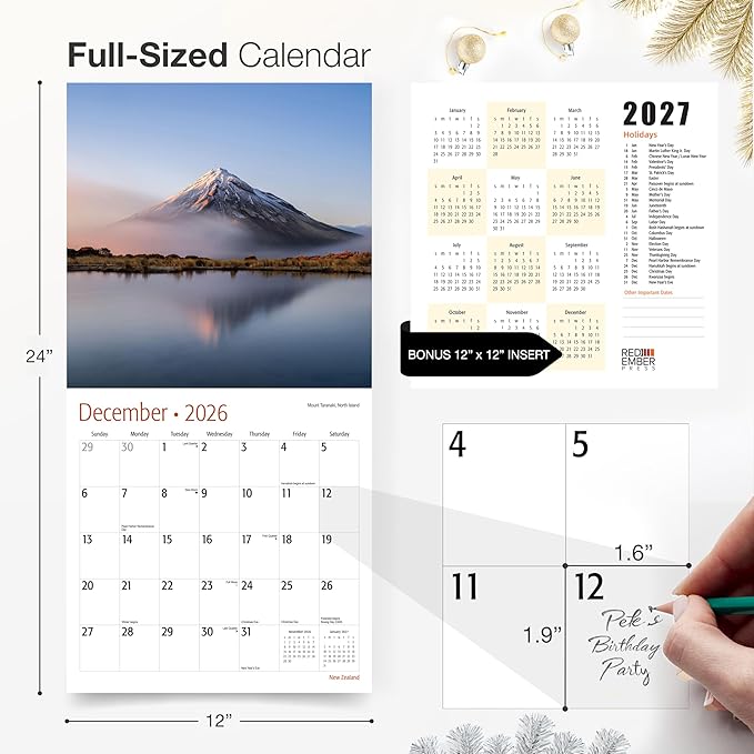 RED EMBER New Zealand 2026 Wall Calendar 12 Month | 12" x 24" Open | Thick & Sturdy Paper | Holiday Gift | Travel Calendar 2026