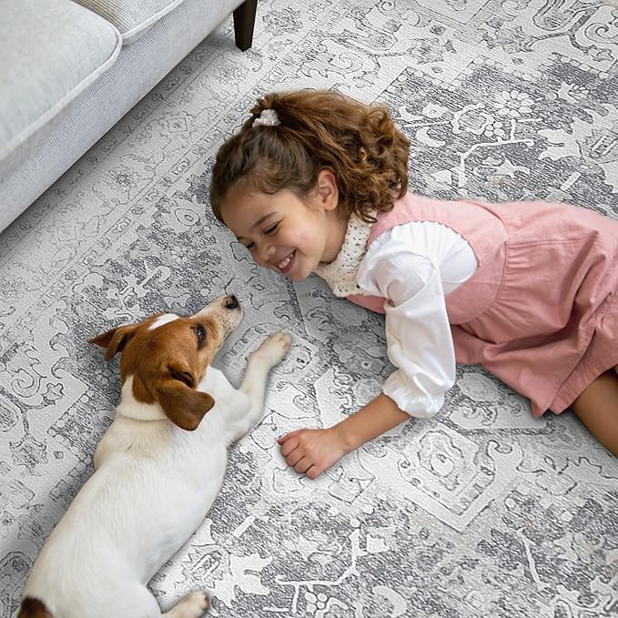 GENIMO 8x10 Area Rugs for Living Room, Machine Washable Vintage Non Slip Rugs, Low Pile Lightweight Chenille Print Rug for Bedroom, Dining Room, Home Office, Gray/White