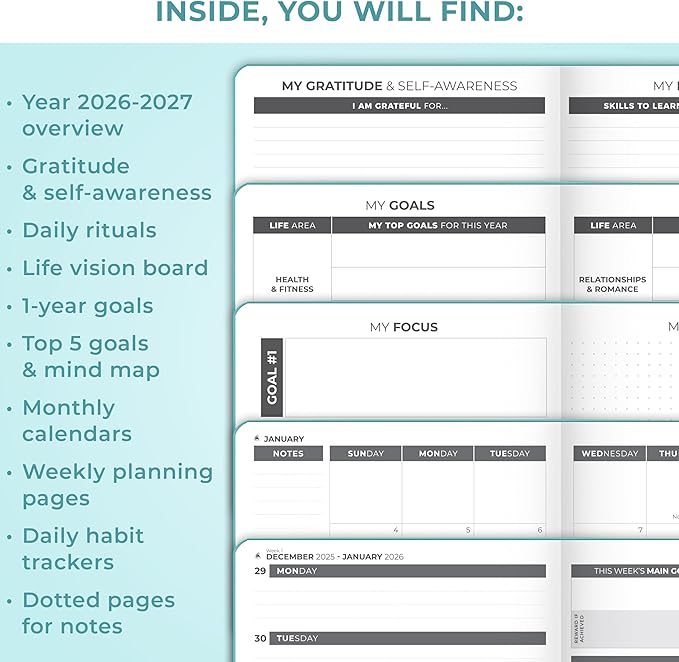 Clever Fox Dated Planner 2026-2027 – Weekly Life Planner Notebook for Time Management – Planner with Habits Tracker & To-Do List (Aquamarine)