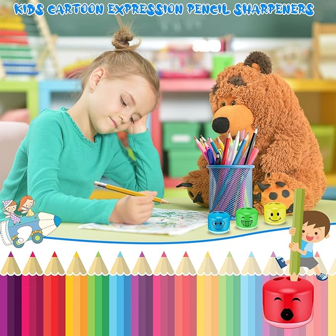 Crtiin 24 Pcs Back to School Pencil Sharpeners for Kids Cartoon Smile Small Pencil Sharpener Handheld Manual Dual Holes Gifts for School Office Art Room