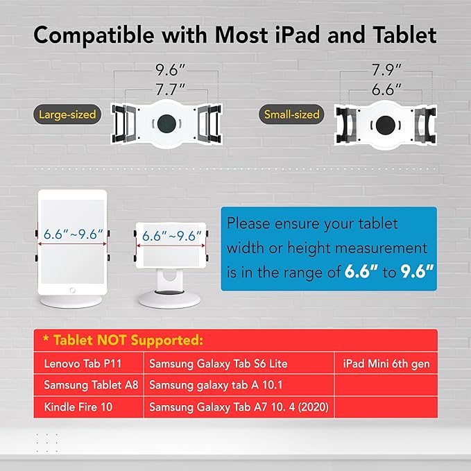 EHO iPad Stand, 360° Rotating Commercial Tablet Stand, Retail Kiosk, 6"-13"(Screen) Adapter Universal Tablet Clamp Holder for iPad, iPadAir, iPadMini, Microsoft Surface, Most Tablets - White
