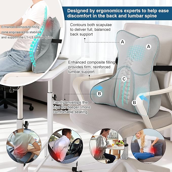 Ailuteie Lumbar Support Pillow(Pat. Pend) – Multi-Functional Ergonomic Back Cushion for Office Chair, Car Seat & Sofa, Reading Pillow with Firm Multi-Zone Support to Relieve Lower Back Pain,Zinc Gray