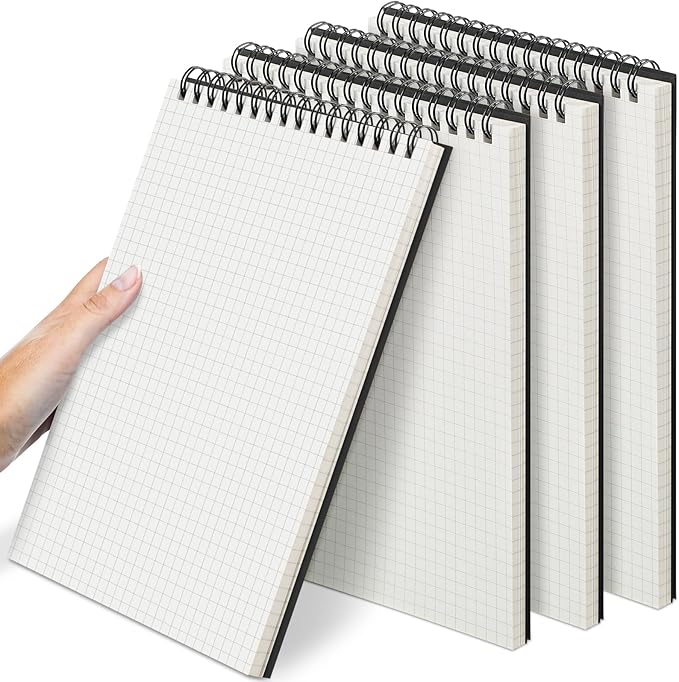 Engrowtic 4 Pack Graph Paper Spiral Notepad A5 Top Wirebound Notepad Grid Notebook Steno Pads Memo Notebook Grid Paper 140 Pages for Writing Sketching Drawing Office Supplies (Black)