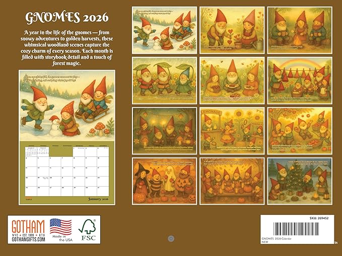 Gnome Calendar 2026 Monthly Wall Calender 12 Month | American Made In The USA