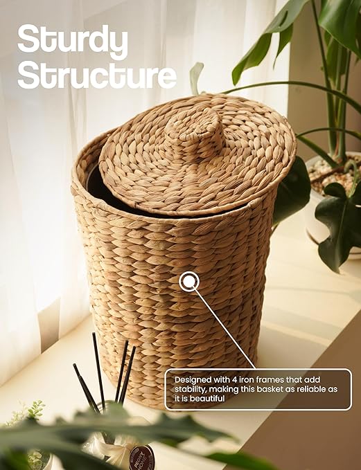 Tidita Set of 2 Wicker Trash Can with Lid - Water Hyacinth Wicker Waste Basket for Bathroom - Bathroom Garbage Can with a Lid - 2 Gallon & 4 Gallon Decorative Rattan Trash Can with Removable Liner