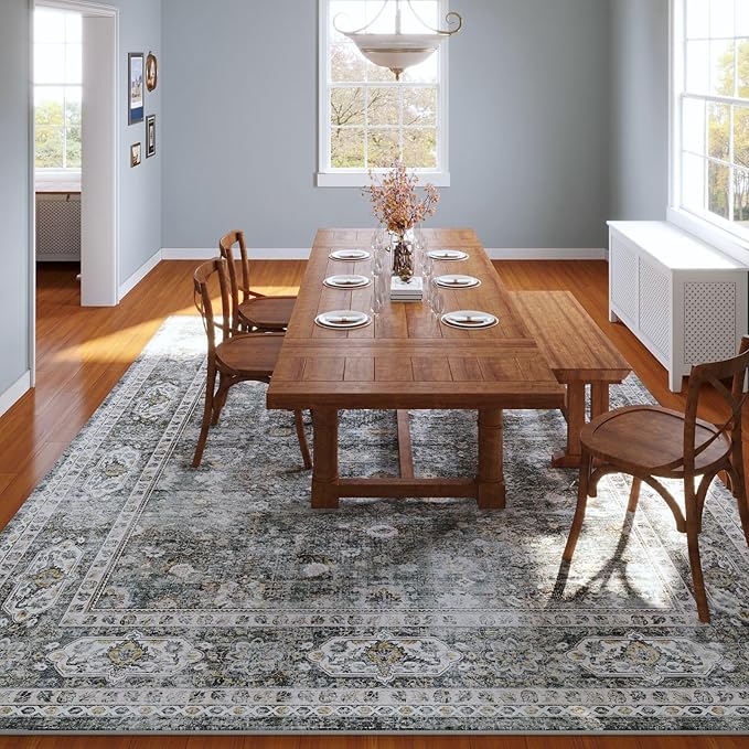 Rugcomf Living Room Rug 6x9 Rug Machine Washable Boho Soft Area Rug Non Slip Vintage Low Pile Large Rug for Living Room, Bedroom, Farmhouse, Dining Room, Kids Playroom(Grey)